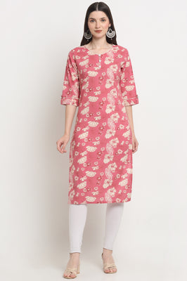 Elegant Pink Floral Cotton Straight Kurti for Women | Summer Casual & Office Wear