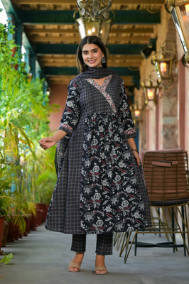 Indolady Black Preet Cotton Suit Set