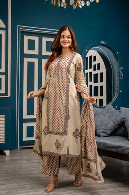 Graceful Bloom: Beige Cotton Kurta Pant with Dupatta Set