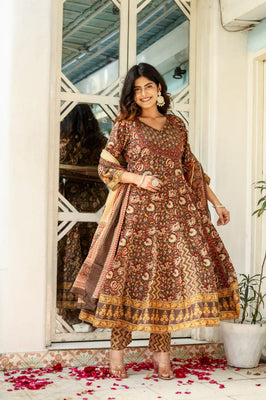 Indolady Brown Full-Flared Anarkali Dupatta Suit Set – Pure Cotton