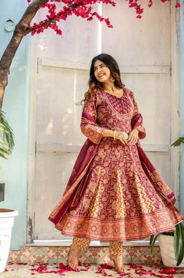 Indolady Maroon Full-Flared Anarkali Dupatta Suit Set – Pure Cotton