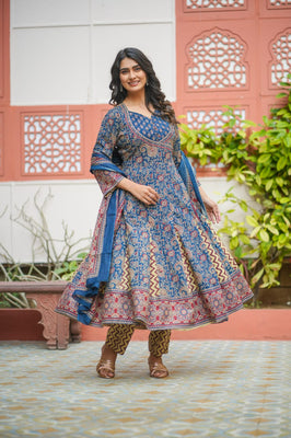 Indolady Blue Long-Flared Anarkali Suit Set – Pure Cotton