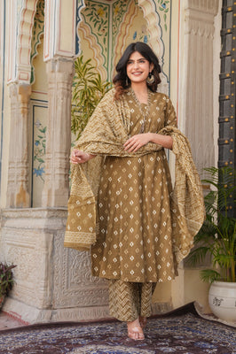 Indolady Brown A-Line Suit Set with Palazzo – Pure Cotton