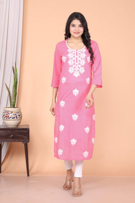 Refreshing Baby Pink Cotton Chikankari Kurti | Ethnic Embroidered Straight Fit