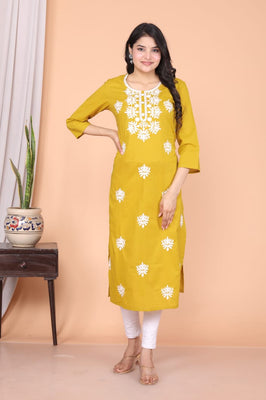 Radiant Mustard Cotton Chikankari Kurti | Handcrafted Embroidery
