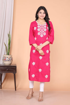 Graceful Pink Cotton Chikankari Kurti | Elegant Embroidered Straight Fit |