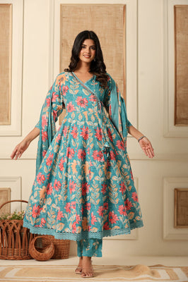Teal blue Phoolwari Hand-Embroidered Angrakha Suit Set – Indolady