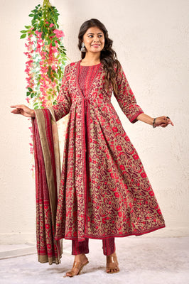Hand embroidered crimson Anarkali dress