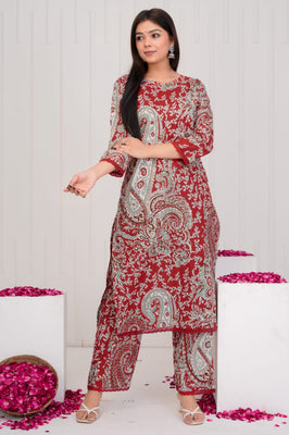 Indolady Maroon Printed Co-ord Set – Premium Cotton