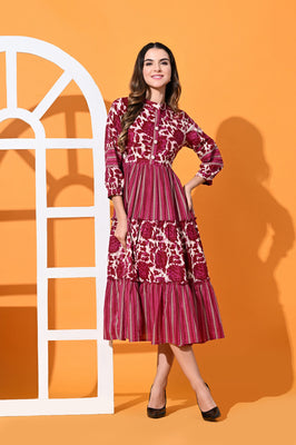 Indolady Cotton Flares Long Tyre-Style Dress β Maroon