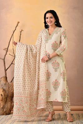 Indolady Signature โ White Block Print Suit Set with Artisanal Neck Detailing