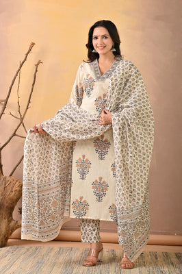 Indolady Signature โ White Blue Block Print Suit Set with Artisanal Neck Detailing