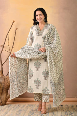 Indolady Signature โ White Green Block Print Suit Set with Artisanal Neck Detailing