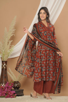 Rust Elegance Cotton A-Line Suit Set with Dupatta – Effortless Everyday Grace