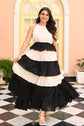Indolady Black & White Sleeveless Tiered Rayon Dress