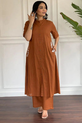 Indolady Rust Brown Cotton Kurta Set with Embroidered Detail