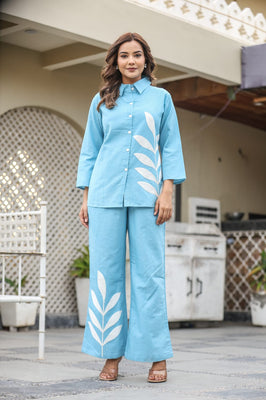 Indolady Sky Bloom Aari Embroidered Co-Ord Set in Pure Cotton Flex