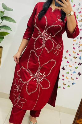 Indolady Noor Maroon Aari Embroidered Cotton Co-ord Set