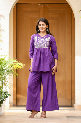Elegant Heritage Cotton Co-ord Set – Purple Shades