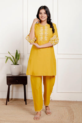 Indolady Mustard Yellow Floral Embroidered Co-ord Set in Pure Cotton
