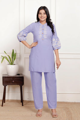 Indolady Lavender Purple Embroidered Cotton Co-ord Set – Subtle Sophistication in Pastel