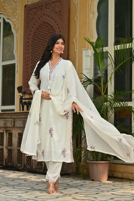 Serene Pearl – White Muslin Ethnic Set with Floral Threadwork & Dupatta