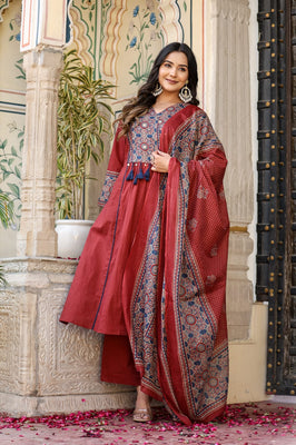 Noor-e-Gulab: Red Anarkali Ensemble with Elegant Hand Embroidery & Dupatta
