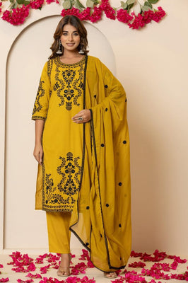 Elegant Mustard Straight Cotton Suit Set – Intricate Embroidery Work