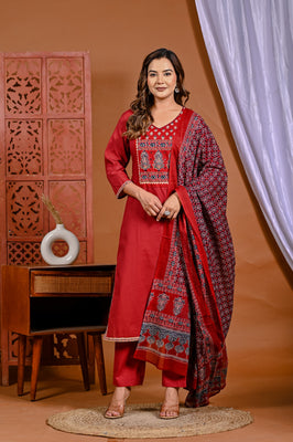 Fiery Elegance: Hand-Embroidered Red Ensemble
