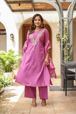 Indolady Lavender Glow A-Line Cotton Dobby Suit Set