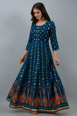 Graceful Blue Rayon Anarkali Dress with Intricate Prints