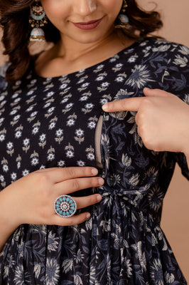 IndoLady Navy Floral Cotton Maternity Feeding Gown – Soft, Breathable & Flowing