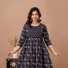 IndoLady Navy Floral Cotton Maternity Feeding Gown – Soft, Breathable & Flowing