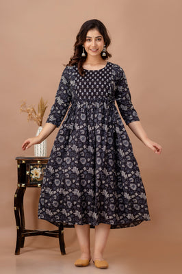 IndoLady Navy Floral Cotton Maternity Feeding Gown – Soft, Breathable & Flowing