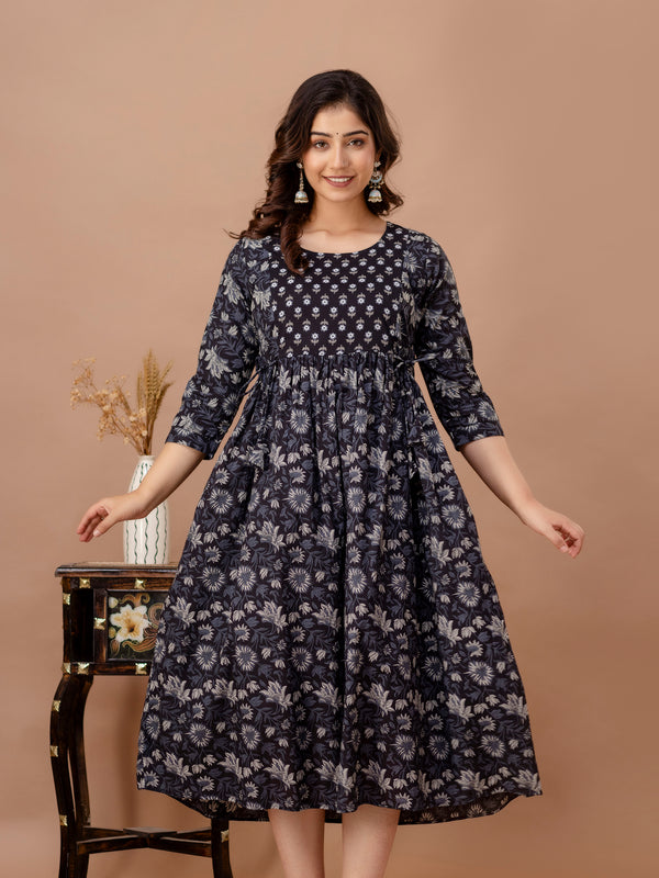 IndoLady Navy Floral Cotton Maternity Feeding Gown – Soft, Breathable & Flowing