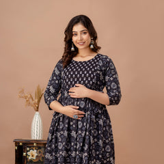 IndoLady Navy Floral Cotton Maternity Feeding Gown – Soft, Breathable & Flowing