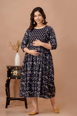 IndoLady Navy Floral Cotton Maternity Feeding Gown – Soft, Breathable & Flowing