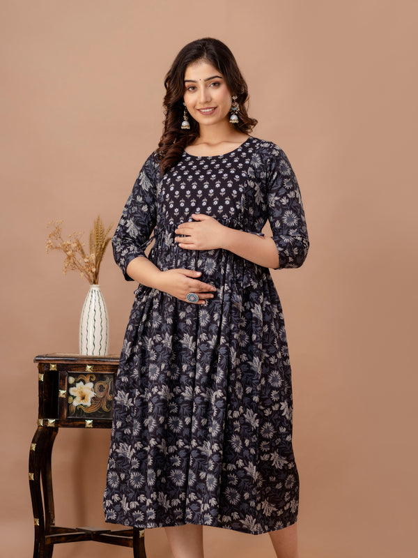 IndoLady Navy Floral Cotton Maternity Feeding Gown – Soft, Breathable & Flowing