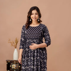IndoLady Navy Floral Cotton Maternity Feeding Gown – Soft, Breathable & Flowing
