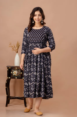 IndoLady Navy Floral Cotton Maternity Feeding Gown – Soft, Breathable & Flowing
