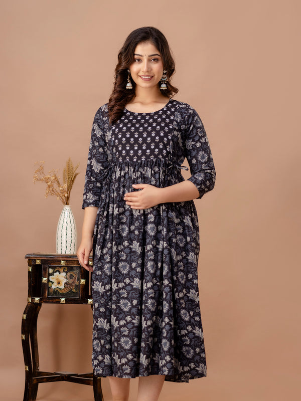 IndoLady Navy Floral Cotton Maternity Feeding Gown – Soft, Breathable & Flowing