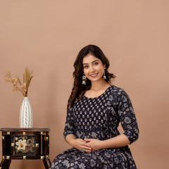 IndoLady Navy Floral Cotton Maternity Feeding Gown – Soft, Breathable & Flowing