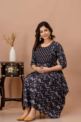 IndoLady Navy Floral Cotton Maternity Feeding Gown – Soft, Breathable & Flowing
