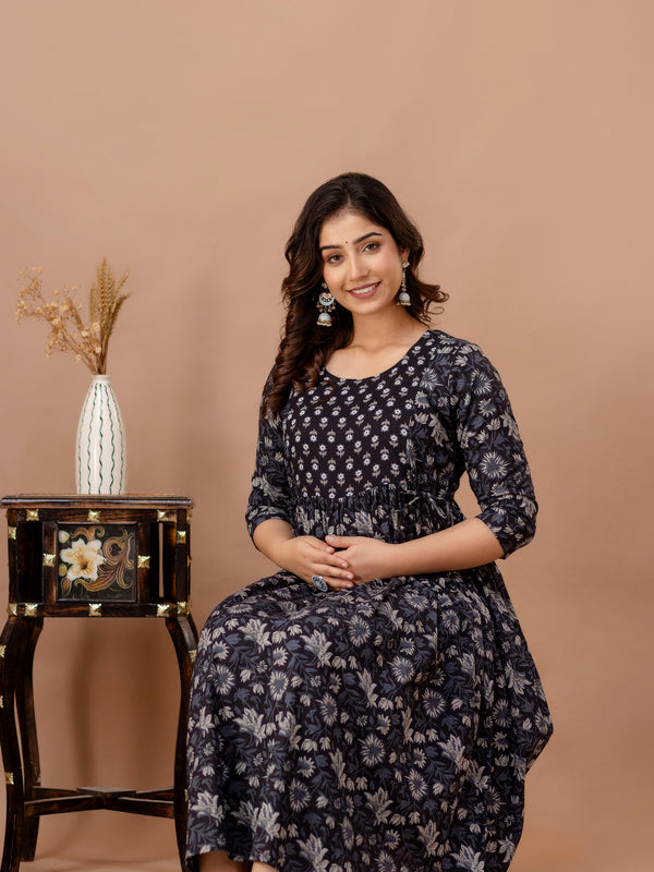 IndoLady Navy Floral Cotton Maternity Feeding Gown – Soft, Breathable & Flowing