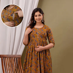 Mustard Cotton Maternity Gown with Feeding Zip