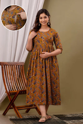 Mustard Cotton Maternity Gown with Feeding Zip