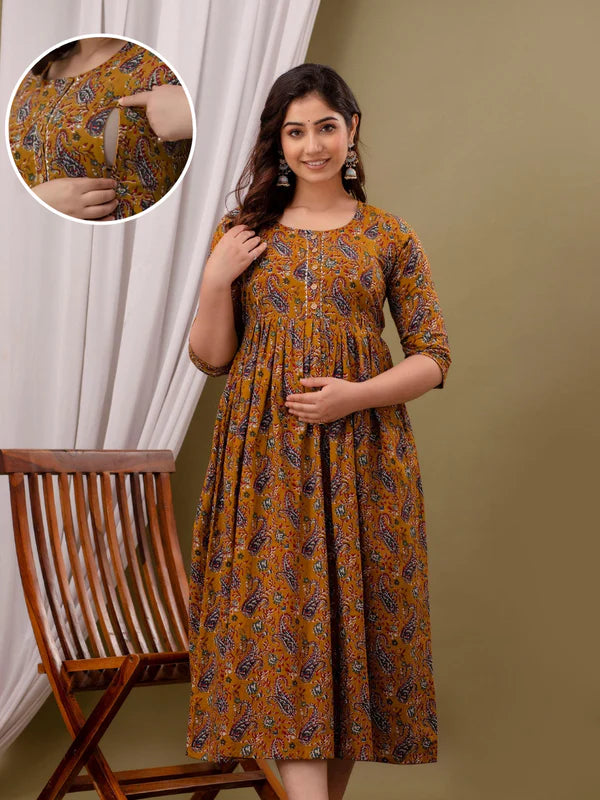 Mustard Cotton Maternity Gown with Feeding Zip