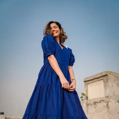 Indolady Royal Blue Breeze Tiered Cotton Maxi Dress