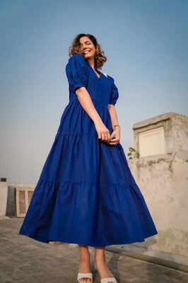Indolady Royal Blue Breeze Tiered Cotton Maxi Dress