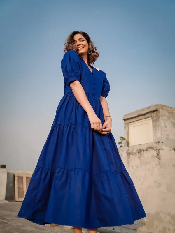 Indolady Royal Blue Breeze Tiered Cotton Maxi Dress